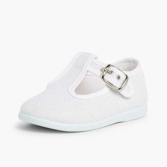 Pisamonas T-Bar Shoes>Boys Linen T-Bar Shoes With Buckle