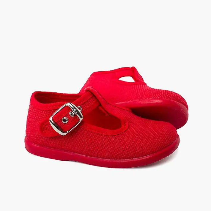 Pisamonas T-Bar Shoes>Boys Linen T-Bar Shoes With Buckle