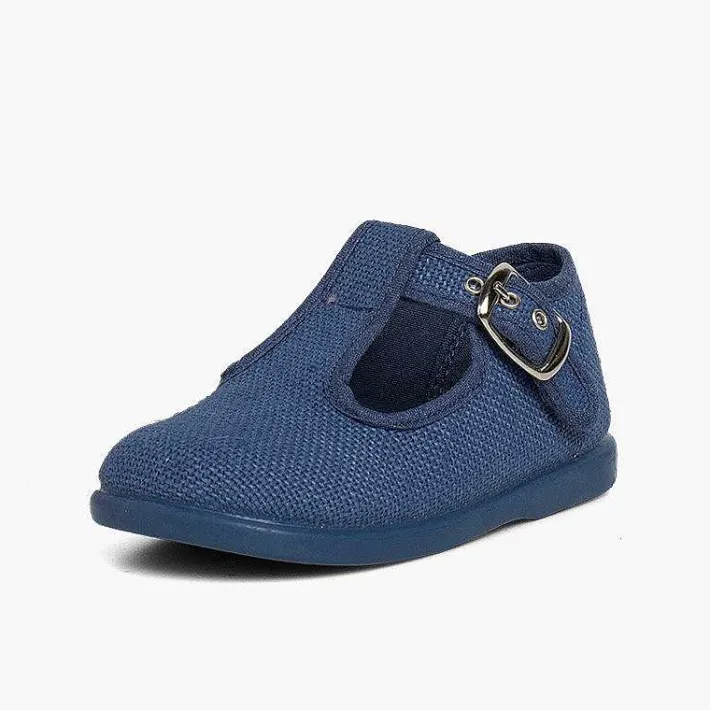 Pisamonas T-Bar Shoes>Boys Linen T-Bar Shoes With Buckle