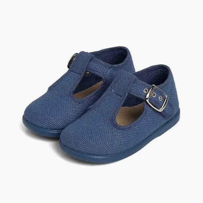 Pisamonas T-Bar Shoes>Boys Linen T-Bar Shoes With Buckle
