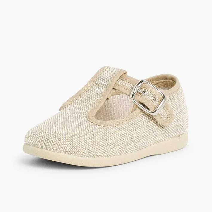 Pisamonas T-Bar Shoes>Boys Linen T-Bar Shoes With Buckle