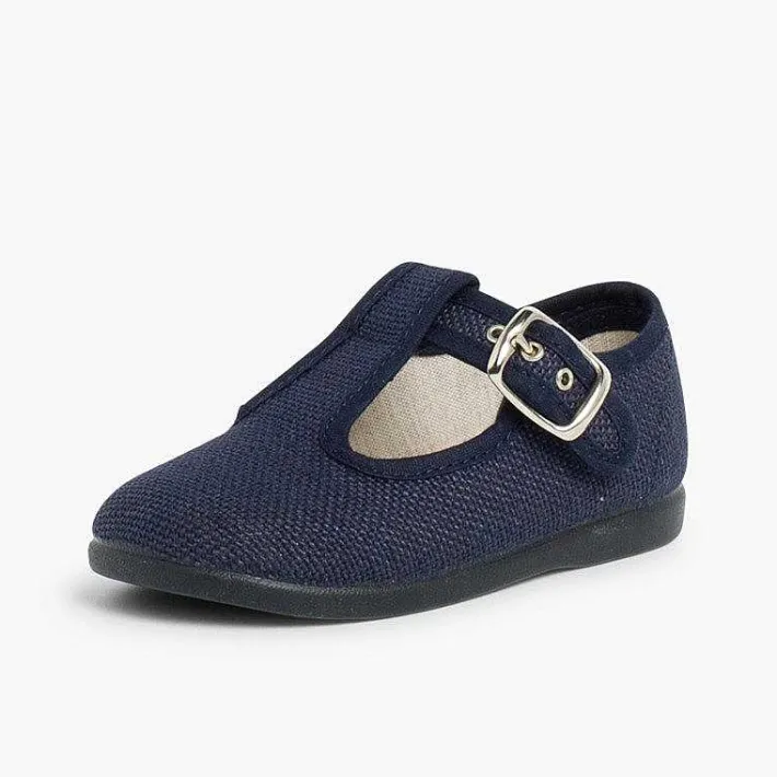 Pisamonas T-Bar Shoes>Boys Linen T-Bar Shoes With Buckle