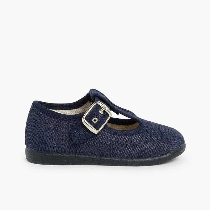 Pisamonas T-Bar Shoes>Boys Linen T-Bar Shoes With Buckle