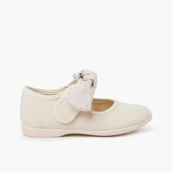 Pisamonas Mary Janes>Canvas Girls Mary Janes With Polka Dot Bow