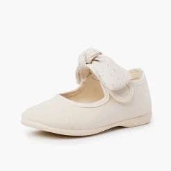 Pisamonas Mary Janes>Canvas Girls Mary Janes With Polka Dot Bow