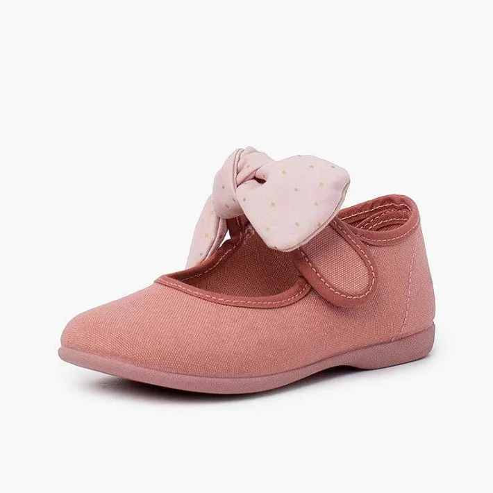 Pisamonas Mary Janes>Canvas Girls Mary Janes With Polka Dot Bow