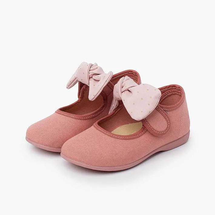 Pisamonas Mary Janes>Canvas Girls Mary Janes With Polka Dot Bow