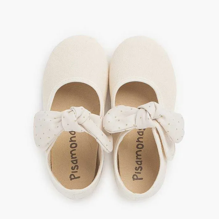 Pisamonas Mary Janes>Canvas Girls Mary Janes With Polka Dot Bow