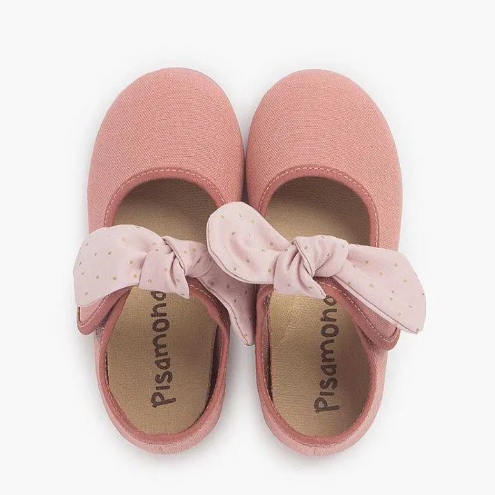 Pisamonas Mary Janes>Canvas Girls Mary Janes With Polka Dot Bow