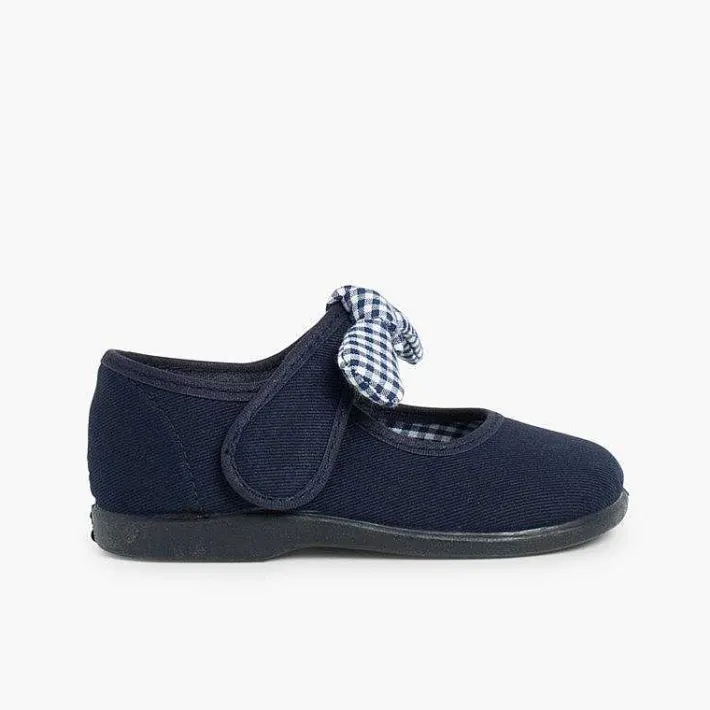 Pisamonas Mary Janes>Canvas Loop Fasteners And Gingham Bow Mary Janes