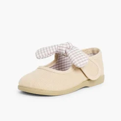 Pisamonas Mary Janes>Canvas Loop Fasteners And Gingham Bow Mary Janes