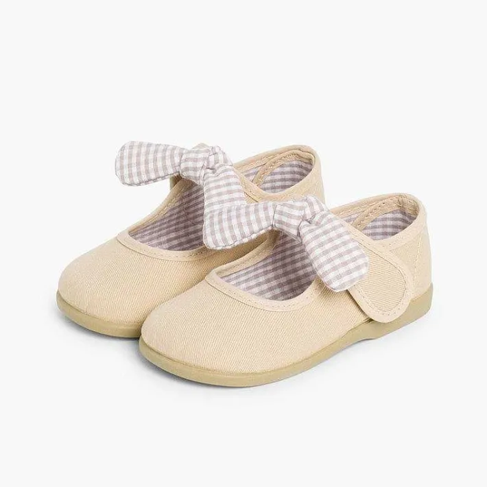 Pisamonas Mary Janes>Canvas Loop Fasteners And Gingham Bow Mary Janes