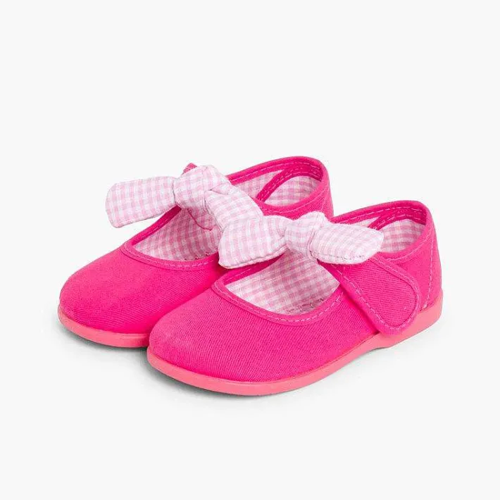 Pisamonas Mary Janes>Canvas Loop Fasteners And Gingham Bow Mary Janes