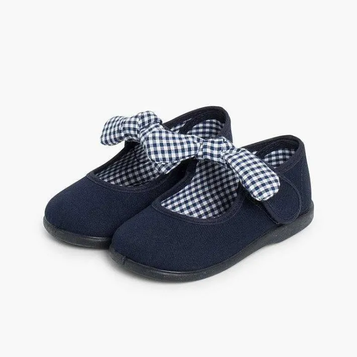 Pisamonas Mary Janes>Canvas Loop Fasteners And Gingham Bow Mary Janes