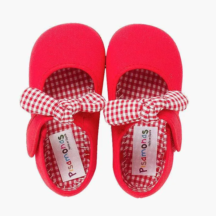 Pisamonas Mary Janes>Canvas Loop Fasteners And Gingham Bow Mary Janes