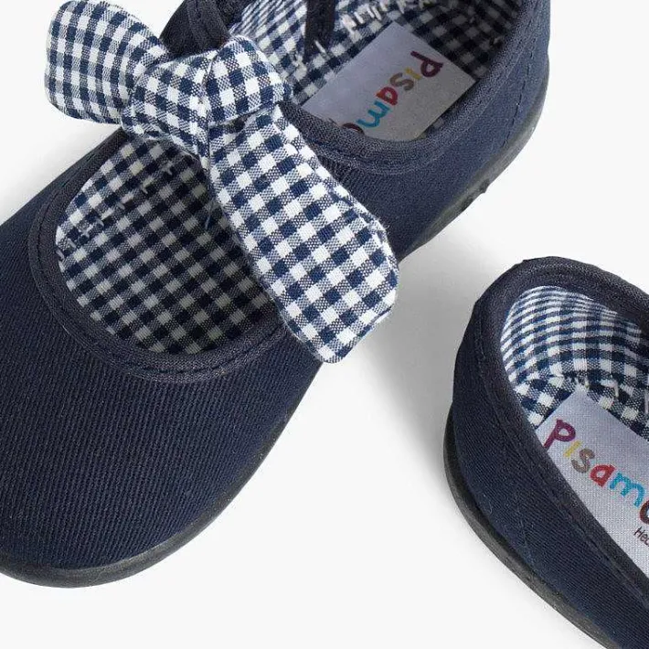 Pisamonas Mary Janes>Canvas Loop Fasteners And Gingham Bow Mary Janes