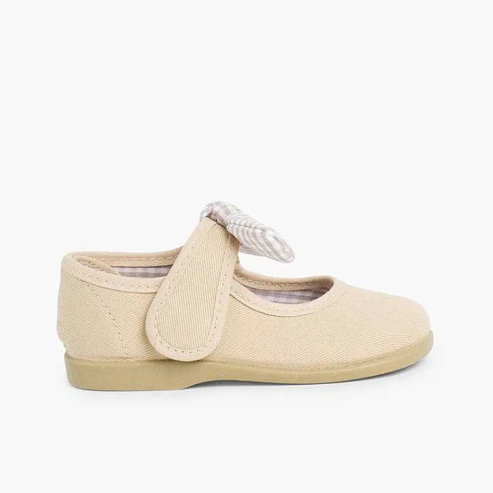 Pisamonas Mary Janes>Canvas Loop Fasteners And Gingham Bow Mary Janes