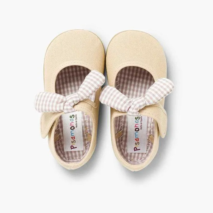 Pisamonas Mary Janes>Canvas Loop Fasteners And Gingham Bow Mary Janes