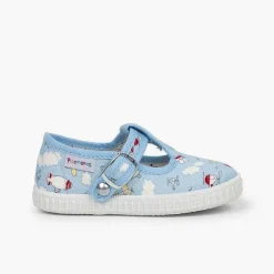 Pisamonas T-Bar Shoes>Canvas T-Bar Patterned Shoes With Button Closure