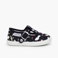 Pisamonas T-Bar Shoes>Canvas T-Bar Patterned Shoes With Button Closure