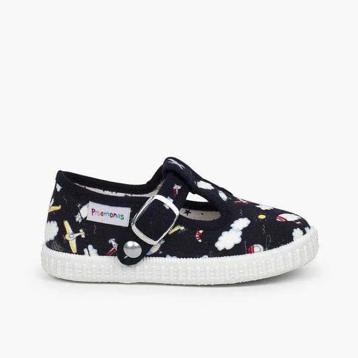 Pisamonas T-Bar Shoes>Canvas T-Bar Patterned Shoes With Button Closure
