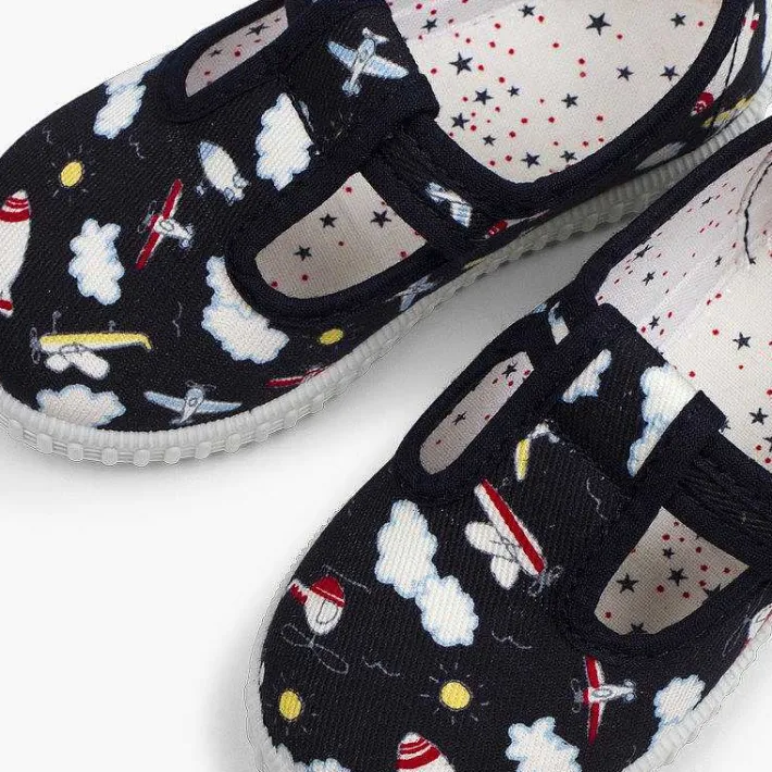 Pisamonas T-Bar Shoes>Canvas T-Bar Patterned Shoes With Button Closure