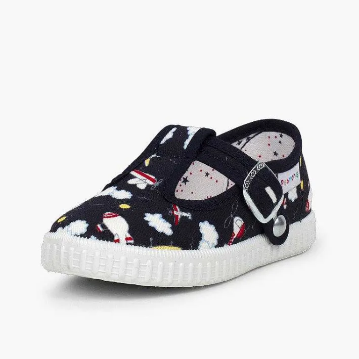 Pisamonas T-Bar Shoes>Canvas T-Bar Patterned Shoes With Button Closure