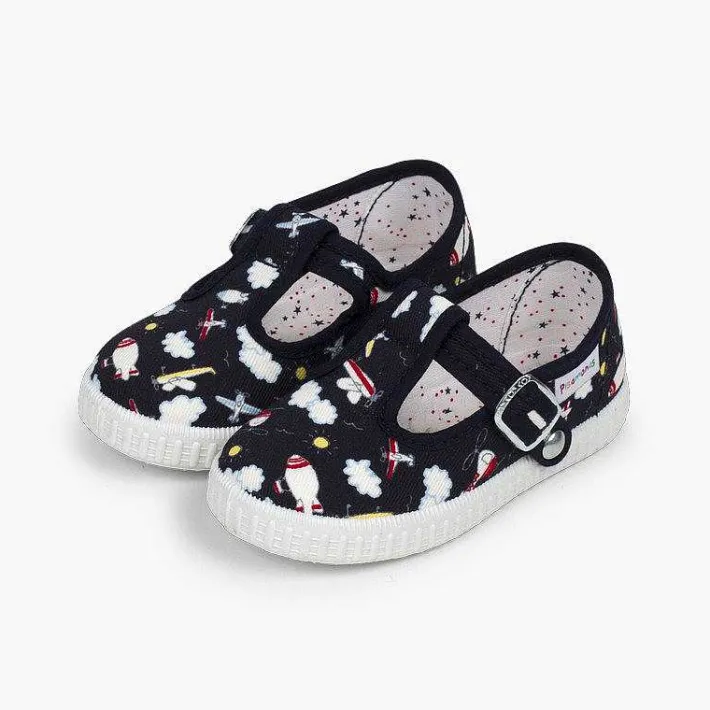 Pisamonas T-Bar Shoes>Canvas T-Bar Patterned Shoes With Button Closure