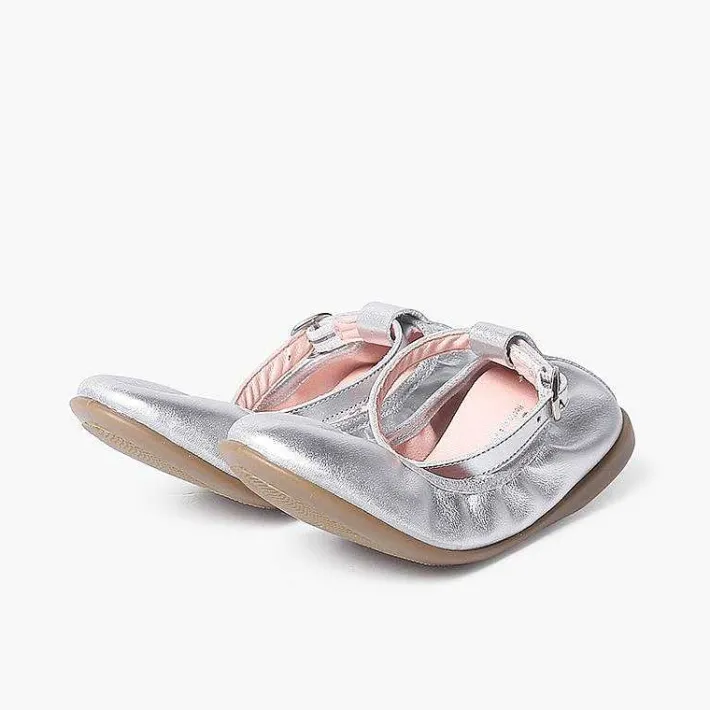 Pisamonas Communion Shoes>Elastic Leather Ballet Pumps With Ankle Strap