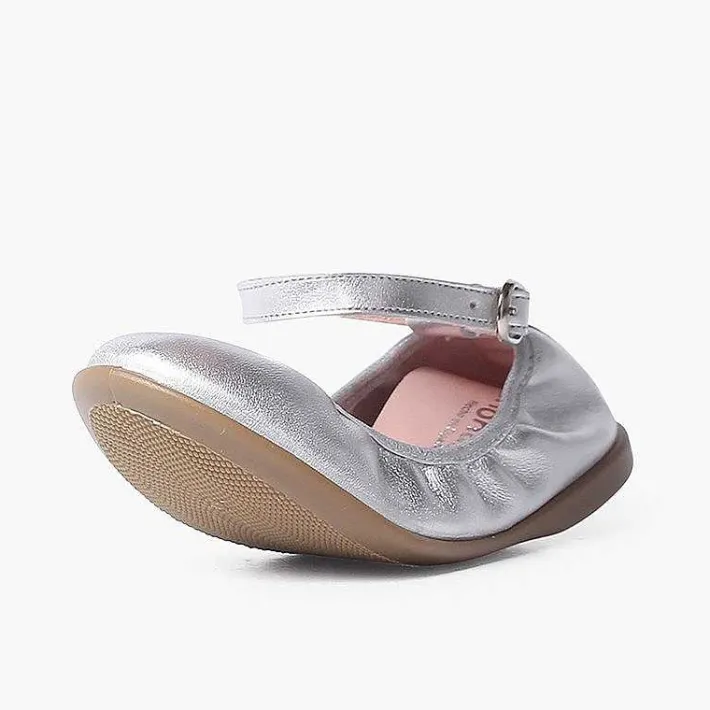 Pisamonas Communion Shoes>Elastic Leather Ballet Pumps With Ankle Strap