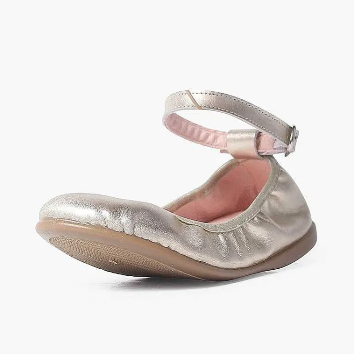 Pisamonas Communion Shoes>Elastic Leather Ballet Pumps With Ankle Strap