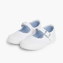 Pisamonas Mary Janes>Girls Buckle Up Rubber Toe Cap Canvas Mary Janes