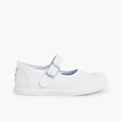 Pisamonas Mary Janes>Girls Buckle Up Rubber Toe Cap Canvas Mary Janes