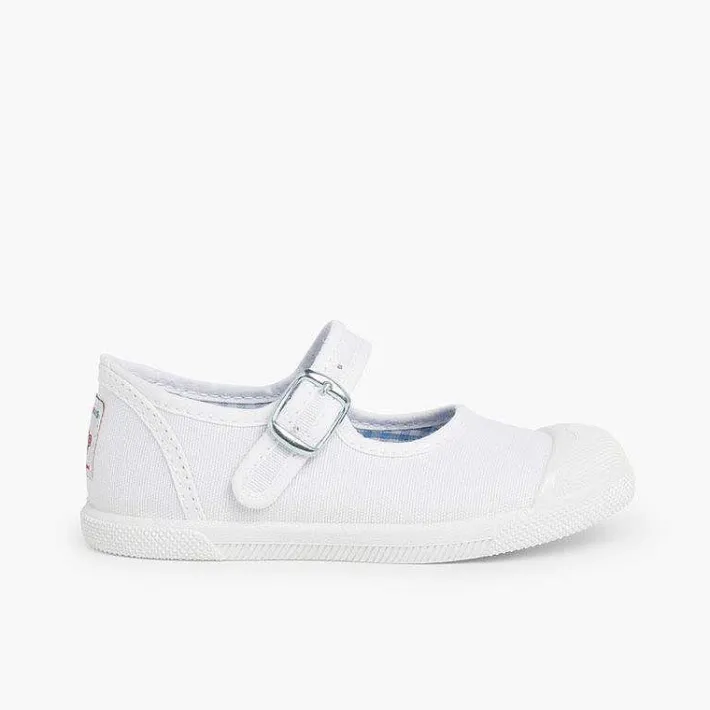 Pisamonas Mary Janes>Girls Buckle Up Rubber Toe Cap Canvas Mary Janes