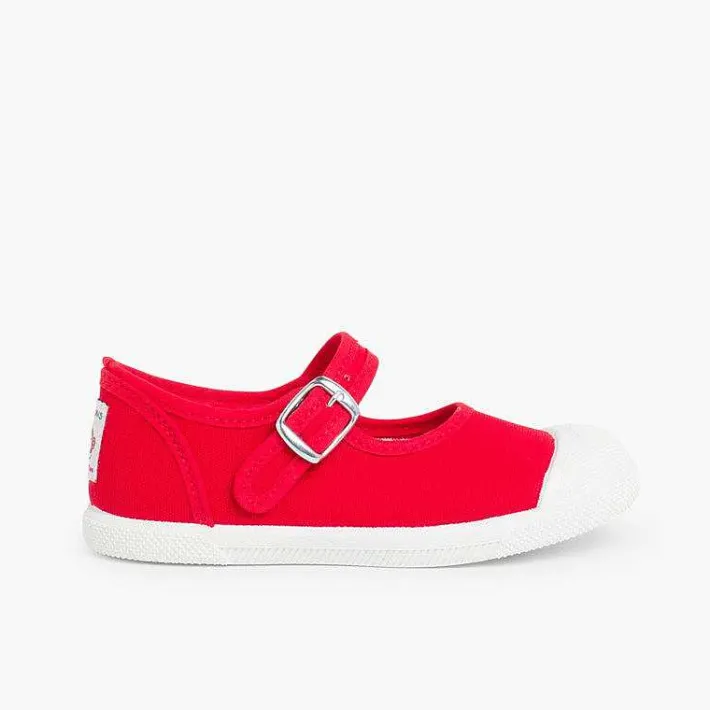 Pisamonas Mary Janes>Girls Buckle Up Rubber Toe Cap Canvas Mary Janes