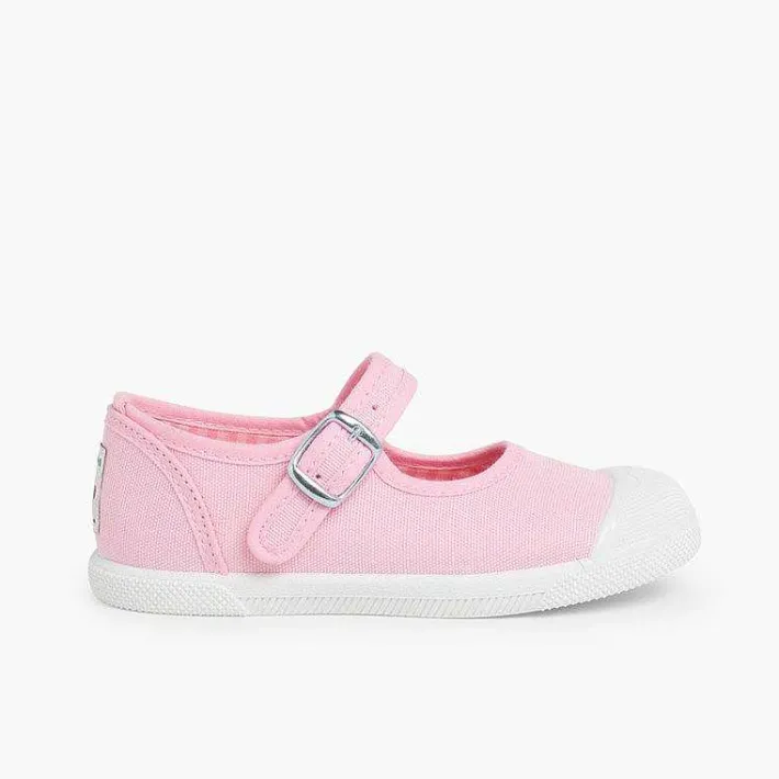 Pisamonas Mary Janes>Girls Buckle Up Rubber Toe Cap Canvas Mary Janes