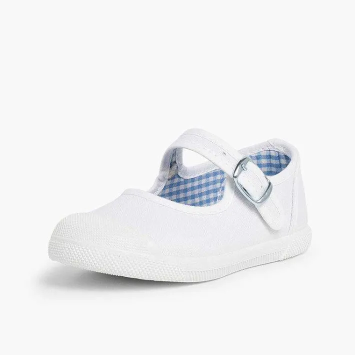 Pisamonas Mary Janes>Girls Buckle Up Rubber Toe Cap Canvas Mary Janes