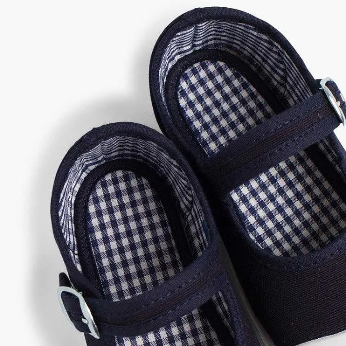Pisamonas Mary Janes>Girls Buckle Up Rubber Toe Cap Canvas Mary Janes