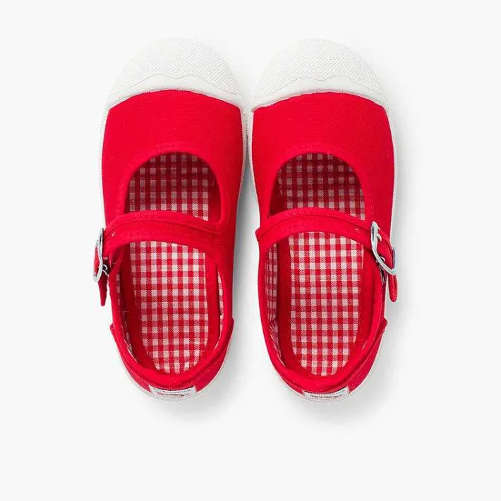 Pisamonas Mary Janes>Girls Buckle Up Rubber Toe Cap Canvas Mary Janes