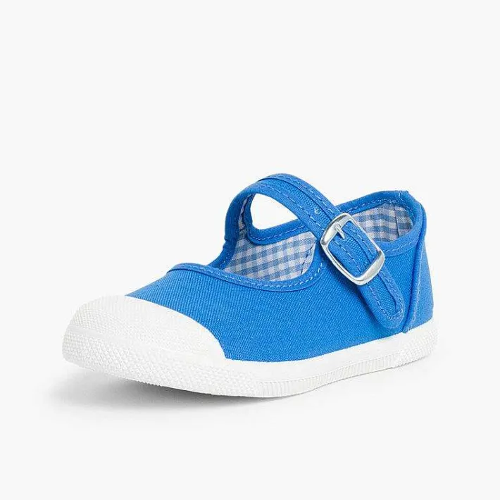Pisamonas Mary Janes>Girls Buckle Up Rubber Toe Cap Canvas Mary Janes