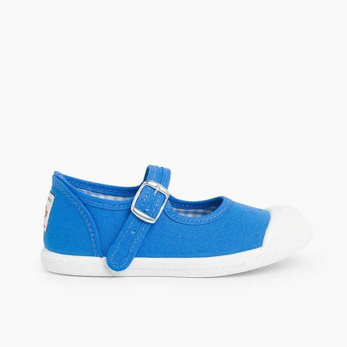 Pisamonas Mary Janes>Girls Buckle Up Rubber Toe Cap Canvas Mary Janes