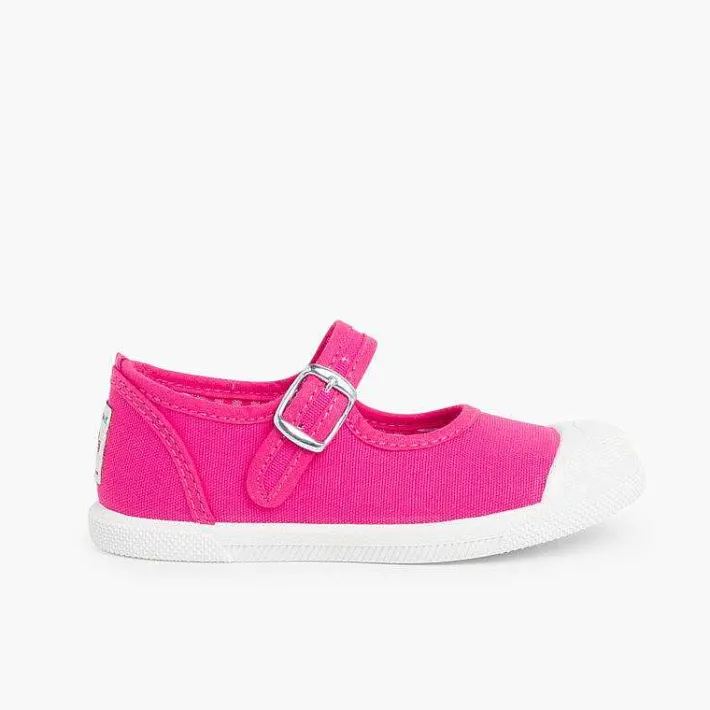 Pisamonas Mary Janes>Girls Buckle Up Rubber Toe Cap Canvas Mary Janes