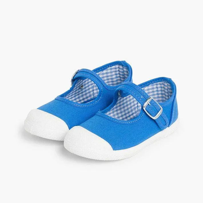 Pisamonas Mary Janes>Girls Buckle Up Rubber Toe Cap Canvas Mary Janes