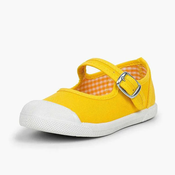 Pisamonas Mary Janes>Girls Buckle Up Rubber Toe Cap Canvas Mary Janes