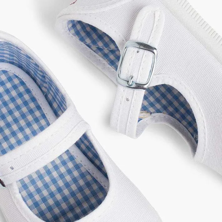 Pisamonas Mary Janes>Girls Buckle Up Rubber Toe Cap Canvas Mary Janes