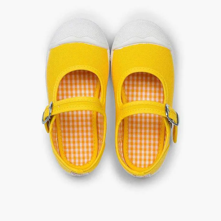 Pisamonas Mary Janes>Girls Buckle Up Rubber Toe Cap Canvas Mary Janes