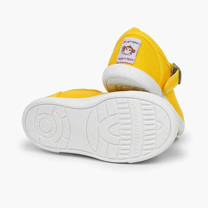 Pisamonas Mary Janes>Girls Buckle Up Rubber Toe Cap Canvas Mary Janes