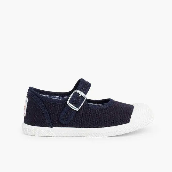 Pisamonas Mary Janes>Girls Buckle Up Rubber Toe Cap Canvas Mary Janes