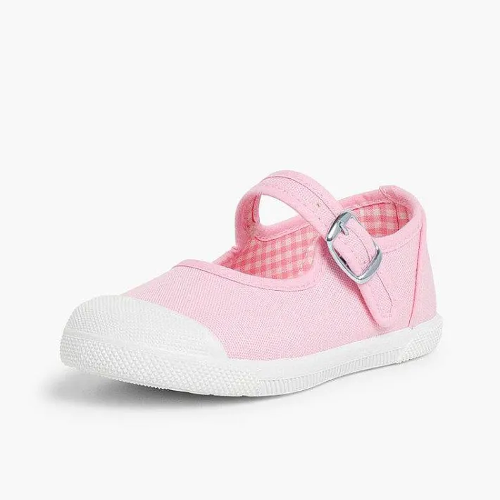 Pisamonas Mary Janes>Girls Buckle Up Rubber Toe Cap Canvas Mary Janes