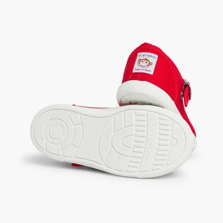 Pisamonas Mary Janes>Girls Buckle Up Rubber Toe Cap Canvas Mary Janes